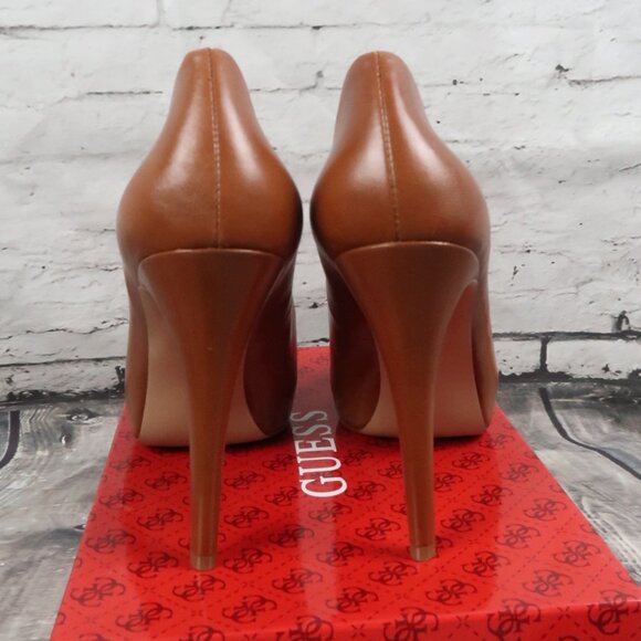 GUESS MEDIUM BROWN LEATHER OPEN TOE PLATFORM 5" PUMP SIZE 10 NEW WITH BOX - Picture 5 of 9